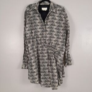 Anthropologie Neutral Geometric Art Deco Print Long Sleeve V-neck Collared Dress